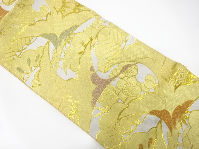 JAPANESE KIMONO / ANTIQUE FUKURO OBI / WOVEN CRANE & SHOCHIKUBAI